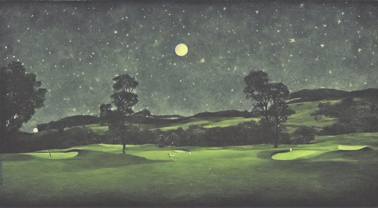 Image similar to eerie moonlight, stone walls, birds eye view of a perfect infinite elysian dreamlike green hilly pastoral astral psychedelic golf course landscape with cherished trees, stone walls under cosmic stars, cherished trees, memory trapped in eternal time, golden hour, dark sky, evening starlight, haunted vintage psychedelic painted polaroid by hiroshi yoshida