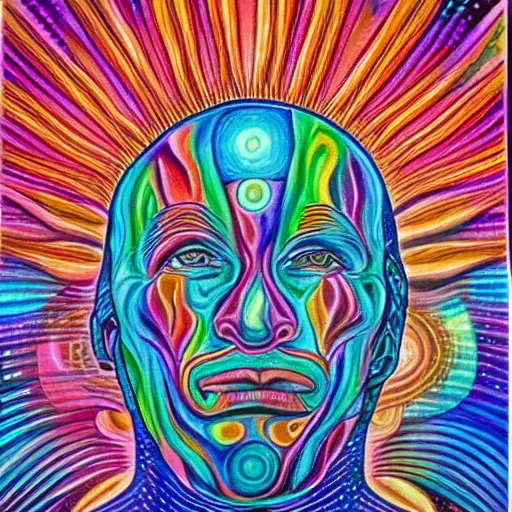 Image similar to painting of a human connecting with the universe in the style of Alex Grey. Colorful, detailed, sharp