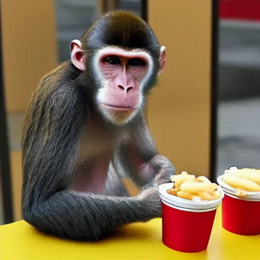 Prompt: a monkey eating in mcdonalds, photorealistic