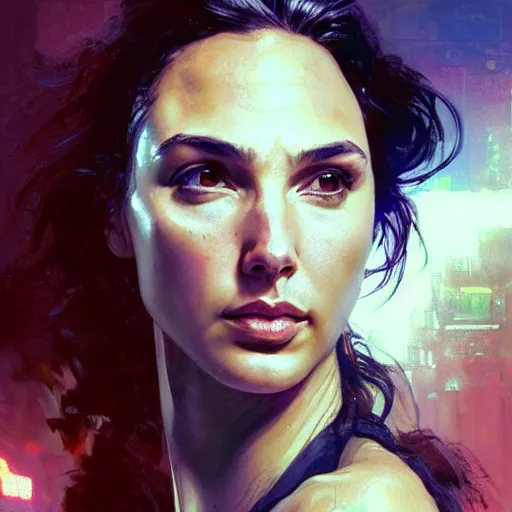 Image similar to gal gadot, hyperrealistic portrait, bladerunner street, art of elysium by jeremy mann and alphonse mucha, fantasy art, photo realistic, dynamic lighting, artstation, poster, volumetric lighting, very detailed face, 4 k, award winning