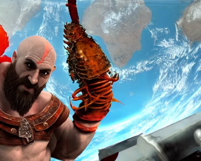 Prompt: kratos from the god of war videogame eating a whole lobster in the international space station