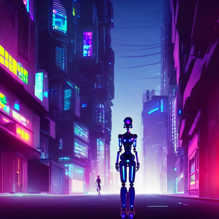 Image similar to a cyberpunk robot - girl stands in a cyberpunk street, at night, cinematic lighting, very detailed, style by tomino - sama