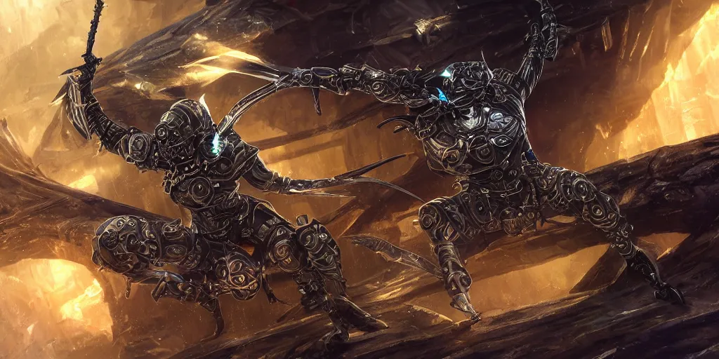 Image similar to legendary cybernetic full long sharp sword lying flat on a glowing table with a black and iridescent sword blade, digital award winning hd matte painting, intimate dark moody, intricate, ornate spikes, colorful gems on hilt, detailed realistic raytraced blade, future golden technological pommel, in the style of greg rutkowski and krenz cushart, deviantart