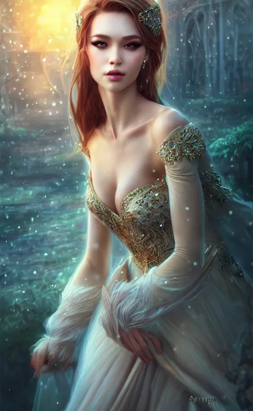 Image similar to a fantasy photo of gorgeous russian female, evening gown, bokeh, medium shot, beautiful face, professionally retouched, soft lighting, realistic, smooth face, perfect eyes, sharp focus, 8 k realistic high definition, insanely detailed, intricate, elegant, art by artgerm and kyoung hwan kim