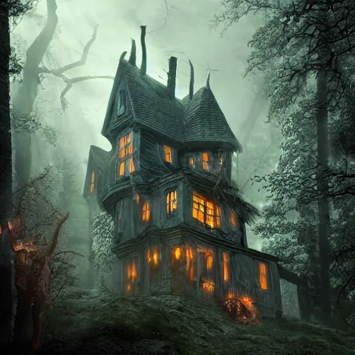 Image similar to the scariest witches house, giant snakes on the roof of the witch house, in the scariest dark forest, epic scene, dark, scary, horror, frightening, fantasy, cinematic, redshift render, cgi, hyper - detailed, photo - bash, 8 k post - production, masterpiece, in the style of greg rutkowski