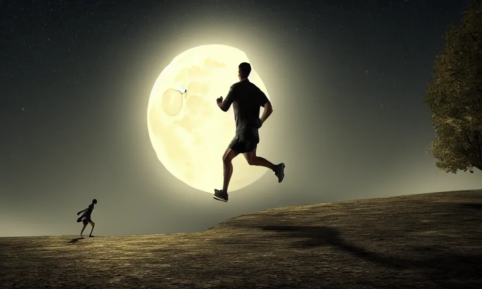 Image similar to A man was running alone under the huge moon toward the distant door,featured in artstation, cinematic, elegant, , 8k