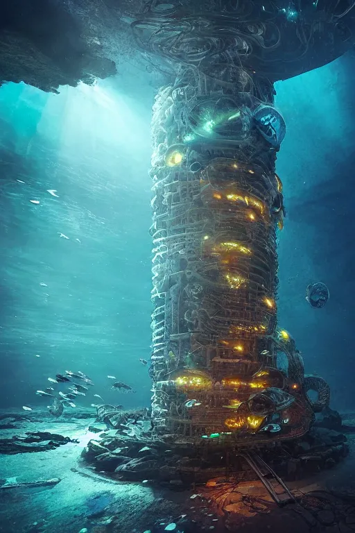 Image similar to hyperrealistic cinematic underwater dystopian futurist city ruins with giant bioluminescent multicolored mutant fish and cyborg jellyfish, digital art masterpiece, aykut aydogdu eric zener, very dramatic volumetric light, long shot, ground angle uhd 8 k, deep focus