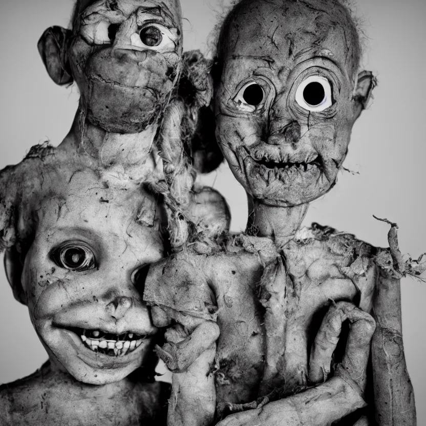 Image similar to creepy ventriloqiest dummy in the style of Roger Ballen, 4k, bw, portrait