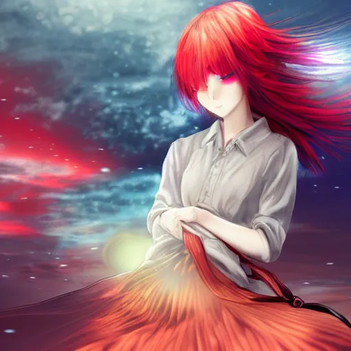 Prompt: infp anime girl with red hair, gratefully hugging the ai, atmospheric, hyper detailed digital art