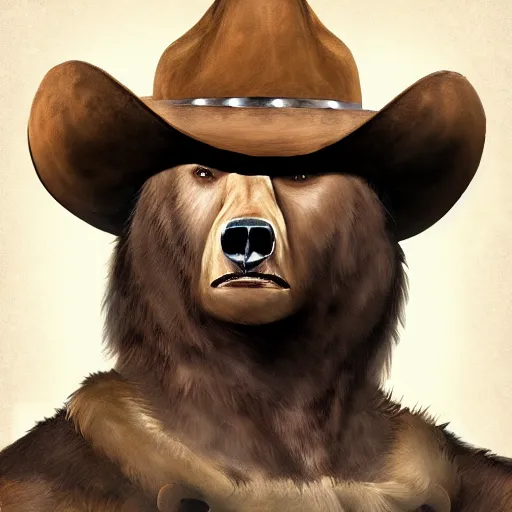 Prompt: portrait of bear beast-man wearing a cowboy hat, digital art, concept art, highly detailed, sharp focus