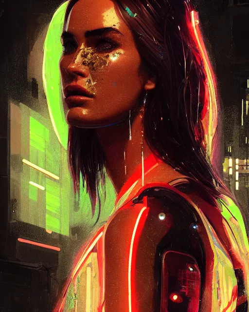 Image similar to detailed side profile portrait Neon Megan Fox, cyberpunk futuristic neon, reflective puffy coat, decorated with traditional Japanese ornaments by Ismail inceoglu dragan bibin hans thoma greg rutkowski Alexandros Pyromallis Nekro Rene Maritte Illustrated, Perfect face, fine details, realistic shaded, fine-face, pretty face