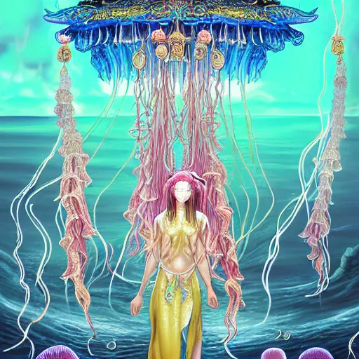 Image similar to A painting of priestesses worshipping at the jellyfish temple, shrouded in mist, jellyfish god, jellyfish priestess, jellyfish shrine maiden, 8K, illustration, art by Kyuyong Eom, smoke, undersea temple with fish, cinematic, insanely detailed and intricate, hypermaximalist, elegant, super detailed, award-winning, magenta and crimson and cyan, rainbow accents, iridescence, bioluminescence, mysterious, ancient, ritual, trending in cgsociety, artstation HQ, ornate, elite, haunting, matte painting, beautiful detailed, insanely intricate details, dreamy and ethereal, otherworldly