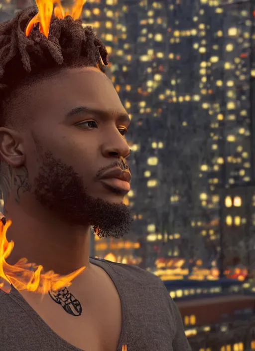 Prompt: Realistic Black man with fire tattoos, Dreadlock hair, city background, artistic pose, light atmosphere, cinematic shot, intricate, ornate, photorealistic, ultra detailed, realistic, 100mm, photography, octane, high definition, depth of field, bokeh, 8k, artstation