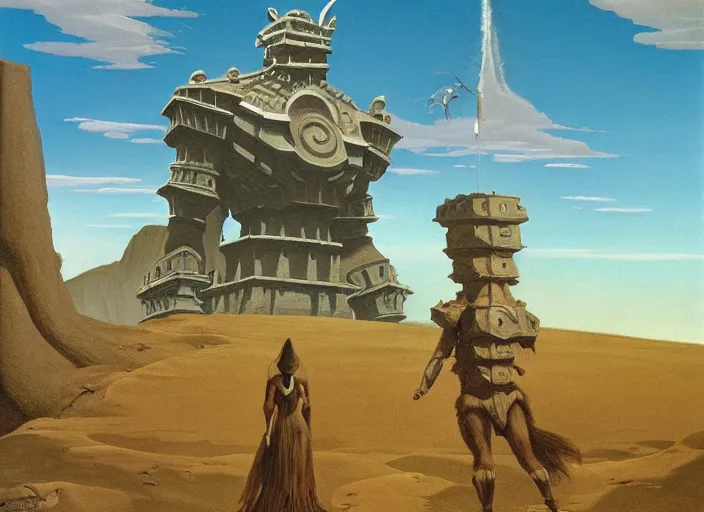 Prompt: the shadow of the colossus as illustrated by ralph mcquarrie and salvador dali