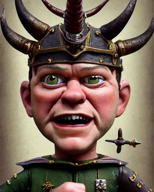 Image similar to highly detailed closeup, face profile portrait of a tin toy matt damon as a medieval demon with horns eating cakes in a castle, hyper realistic, artstation, illustration, nicoletta ceccoli, mark ryden, lostfish, dan decarlo, bob clampett, max fleischer, digital paint, matte paint, vivid colors, detailed and intricate environment