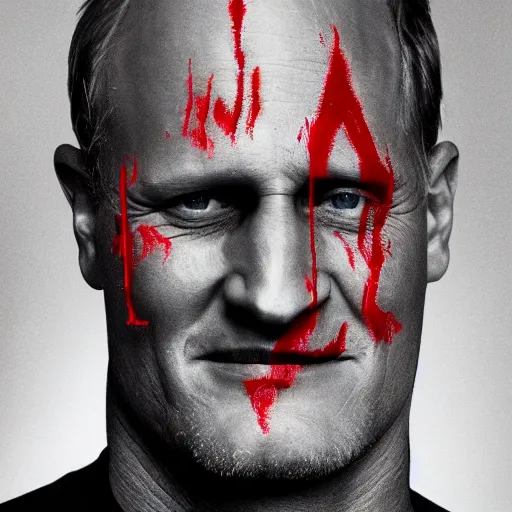 Prompt: woody harrelson is the devil, he has big black horns and red skin, he grins at the camera, portrait, Complex massive detail, 3/4 view, photography, 8k