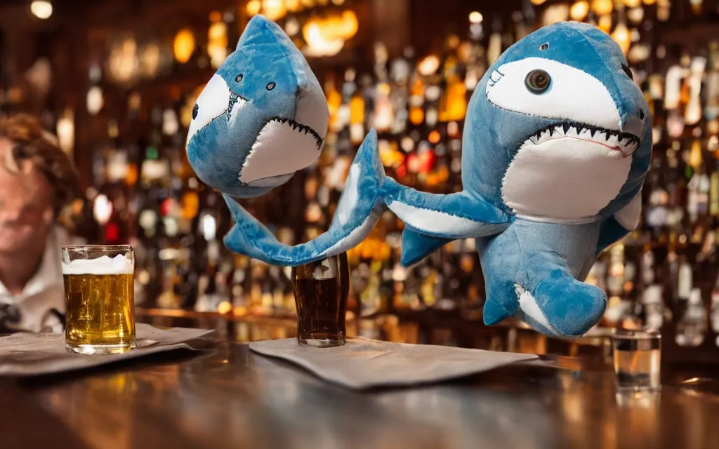 Image similar to Shark plush ordering a beer at a bar, stuffed toy, fish, dim lighting, 50mm, depth of field