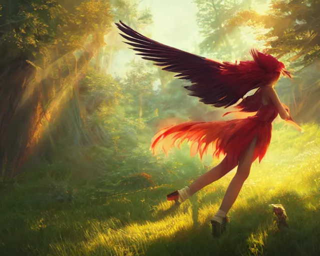 a Phoenix girl with two red wings soaring though a | Stable Diffusion ...