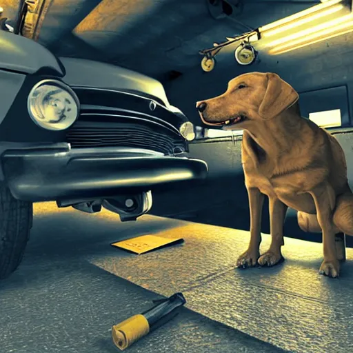 Image similar to photorealistic of a dog working as a mechanic, dynamic lighting, highly detailed