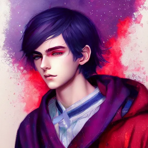 Image similar to colorful and festive captivating teenager boy with straight indigo hair, purple eyes with red eye markers, slim body, wearing a detailed japanese kimono. rich vivid colors, ambient lighting, dynamic lighting, 4 k, atmospheric lighting, painted, intricate, highly detailed by charlie bowater