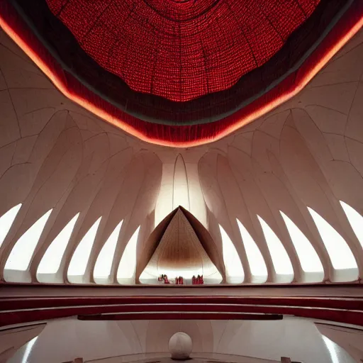 Image similar to interior of a futuristic lotus temple with gold, red and white marble panels, in the desert, by buckminster fuller, intricate contemporary architecture, photo journalism, photography, cinematic, national geographic photoshoot