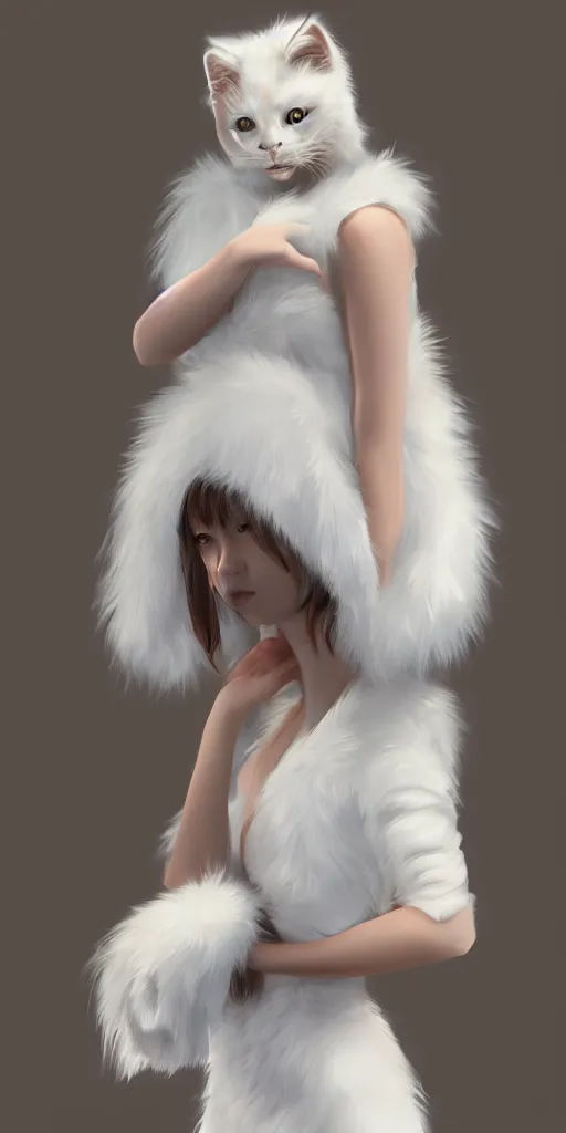 Image similar to beautiful aesthetic full body digital illustration of a young woman wearing a furry white cat costume by wlop and Julia Razumova, realistic, photorealistic, hyperrealistic, unreal engine, octane, deviantArt, trending on artstation, artstation HQ