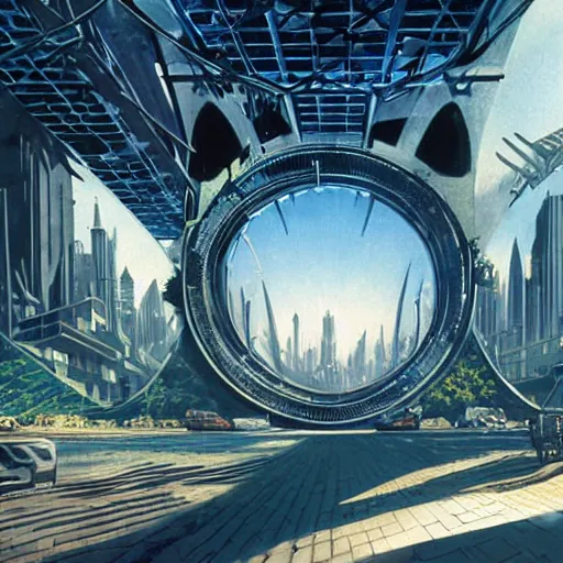 Image similar to overgrown futuristic cityscape located under a bridgeway, world seen only through a portal, daylight, cinematic perspective, cinematic lighting, blue sky, syd mead, john harris, symmetrical