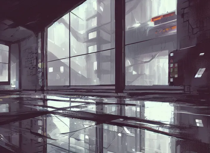 Image similar to interior design quiet loft, big windows, cyberpunk city, rainy day, night, science - fiction, samdoesarts, artstation