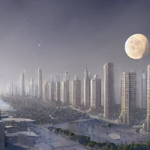 Prompt: russian high - rise buildings, in the style of the futuristic future, the destroyed moon in the sky, photorealism, digital painting, 4 k,