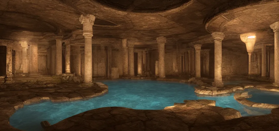 Prompt: dramatic view of underground roman cistern, glowing pool of water, ancient marble statues, unreal engine, dramatic lighting, detailed, ambient occlusion, global illumination, god rays, 3 d artstation render by greg rutowski and jessica rossier