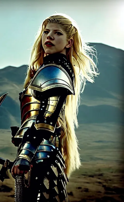 Image similar to katheryn winnick in a knight armor, full plate, photography, movie poster, red lipstick, leather, blood stains, hair in the wind, shiny metal armor, gold, victorious on a hill, battlefield, blue sky, sunshine, lens flare, hard light, full body, sword pointed at sky