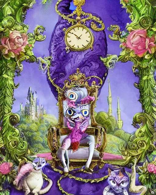 Image similar to 'cheshire cat' from 'alice in wonderland' as elden lord, sitting on throne, background is ornate castle in rococo style, beautiful architecture, falling hearts, flowers