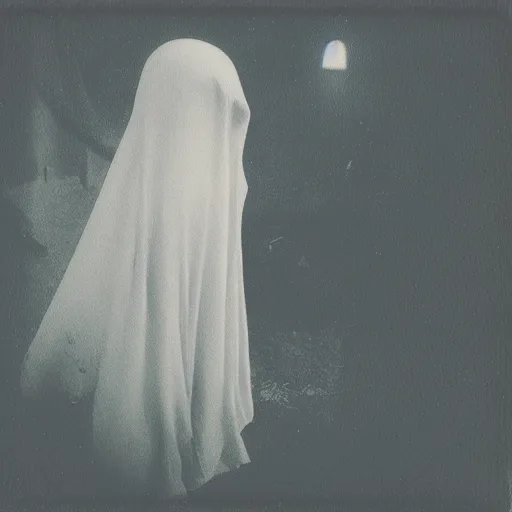 Image similar to polaroid of a lonely ghost, dream, distortion, dark