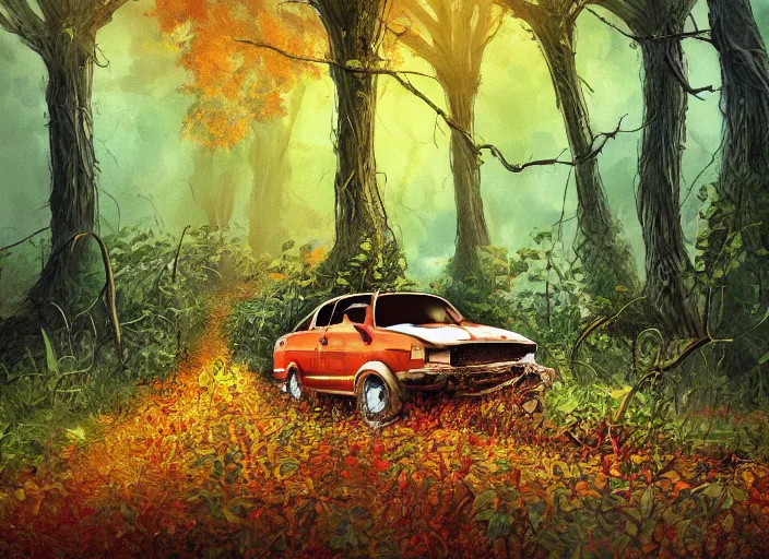 Prompt: A painting of an overgrown car in a forest, vines coming down from the tall trees, autumn, rocky ground, digital art, trending on Artstation, immaculate scale, amazing composition, cartoon illustration