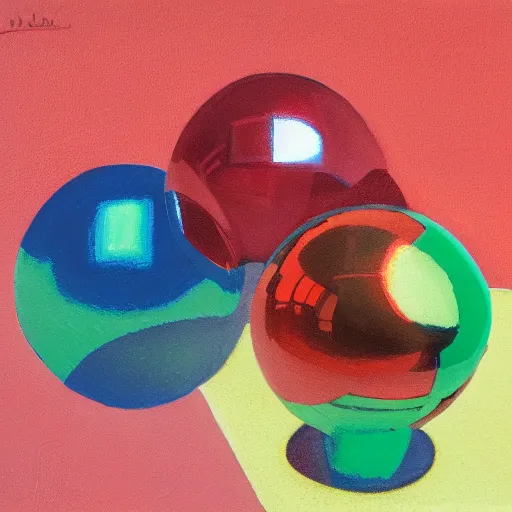 Prompt: chrome spheres on a red cube, gouache