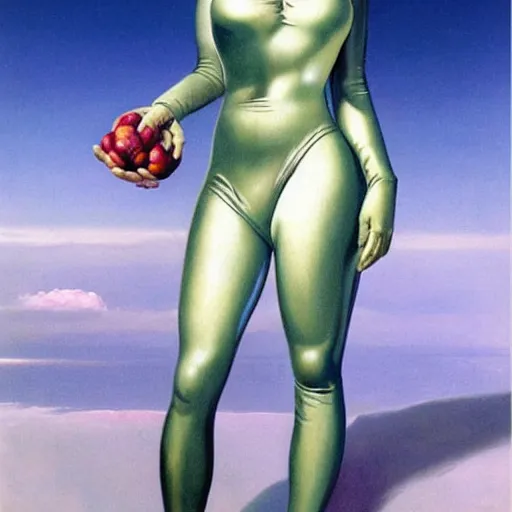 Prompt: beautiful grey alien extraterrestrial species female babe in a tight fitting silver metallic bikini spacesuit, , big pear-shaped head, green skinned, big black almond shaped alien eyes by Mort Kunstler and Gil Elvgren