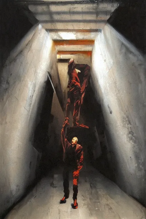 Image similar to Phil Hale artwork, A man with a wooden box under his arm stands inside a dark tunnel, looking up with an expression of horror