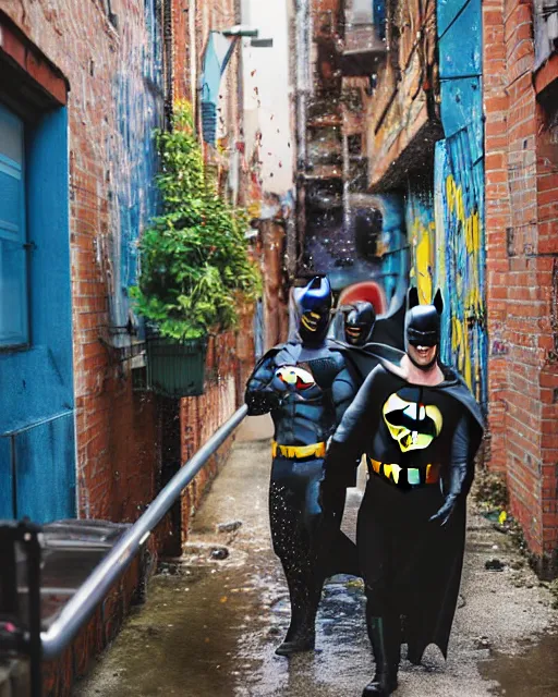 Image similar to happy batman firing super soaker water gun in an alleyway, everyone having fun, toy product advertisement, photography