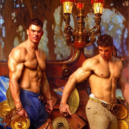 Image similar to attractive muscular bro and muscular attractive broseph, drinking their hearts out, boys night out. highly detailed painting by gaston bussiere, craig mullins, j. c. leyendecker, alphonse mucha 8 k