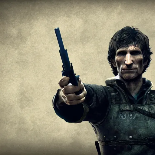 Image similar to todd howard pointing a gun towards the camera and forcing you to buy skyrim, threatening, sharp, cinematic, colorful,