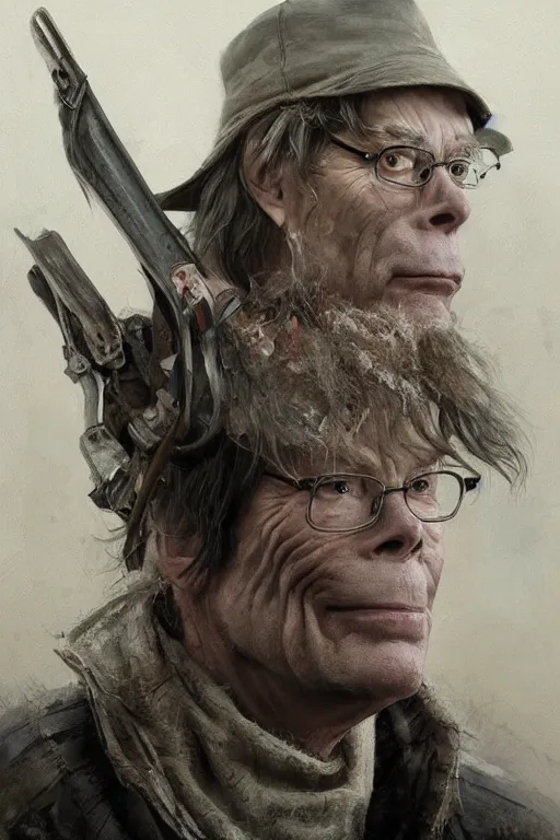 Image similar to Portrait of stephen king as hillbilly with shotgun, village, intricate, highly detailed, smooth, artstation, digital illustration by Ruan Jia and Mandy Jurgens and Artgerm and Wayne Barlowe and Greg Rutkowski and Zdislav Beksinski