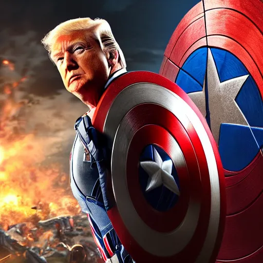 Image similar to portrait of donald trump as captain america in gears of war, splash art, maga, patriot, movie still, cinematic lighting, dramatic, glowing, ray tracing, octane render, long lens, shallow depth of field, bokeh, anamorphic lens flare, 8 k, hyper detailed, 3 5 mm film grain