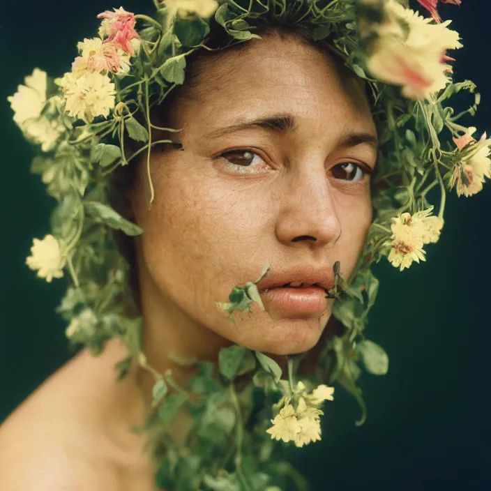 Image similar to closeup portrait of a woman with flowers growing out of her face, by Annie Leibovitz and Steve McCurry, natural light, detailed face, CANON Eos C300, ƒ1.8, 35mm, 8K, medium-format print