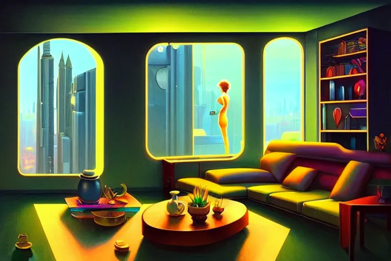 Image similar to chill apartment 🛸🌈, futuristic, neon god of city, in the style of margaret keane, moebius, tom bagshaw, and waterhouse, cinematic lighting, golden ratio, beautiful, elegant, oil painting,