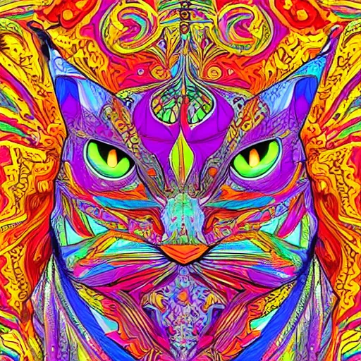 Image similar to psychadelic art of a fantasy wizard in the style of louis wain, bright colours, angular shapes, fractal patterns, geometric, highly intricate, digital art, trending on artstation