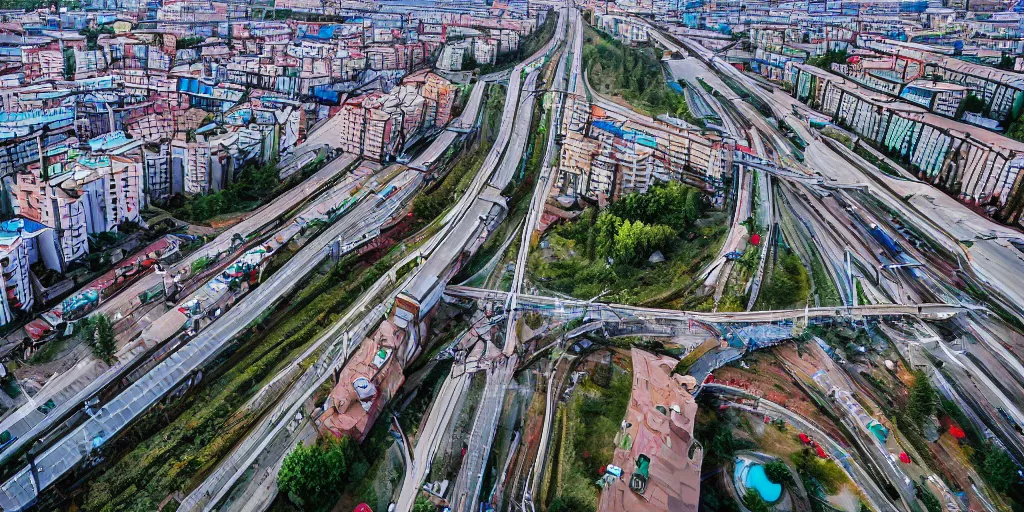 Image similar to bird's eye view photograph of a low income highrise Russian city, apartments, train station, pond, wide roads