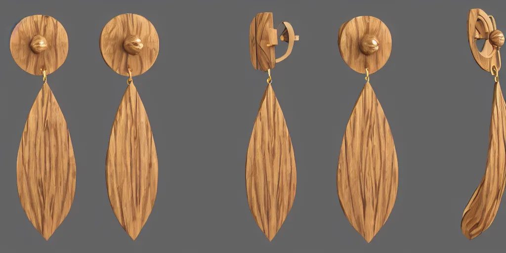 Image similar to earring design, jewelry design, wood, nordic, art deco, intricate, elegant, material, product design, trending on artstation, cgsociety, photo realistic, design by ziva cph and isabel lennse and kalevala, 8 k, unreal engine, c 4 d