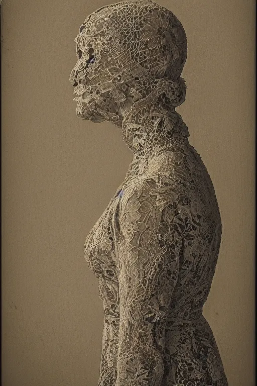 Image similar to a woman's face in profile, made of intricate lace skeleton, in the style of the dutch masters and gregory crewdson, dark and moody