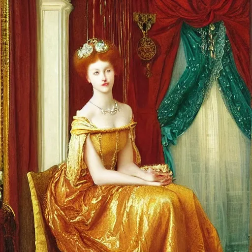 Image similar to a very very beautiful portrait of a young wealthy princess inside a very beautiful room by Frank Cadogan Cowper, graceful gaze, victorian style, golden jewellery