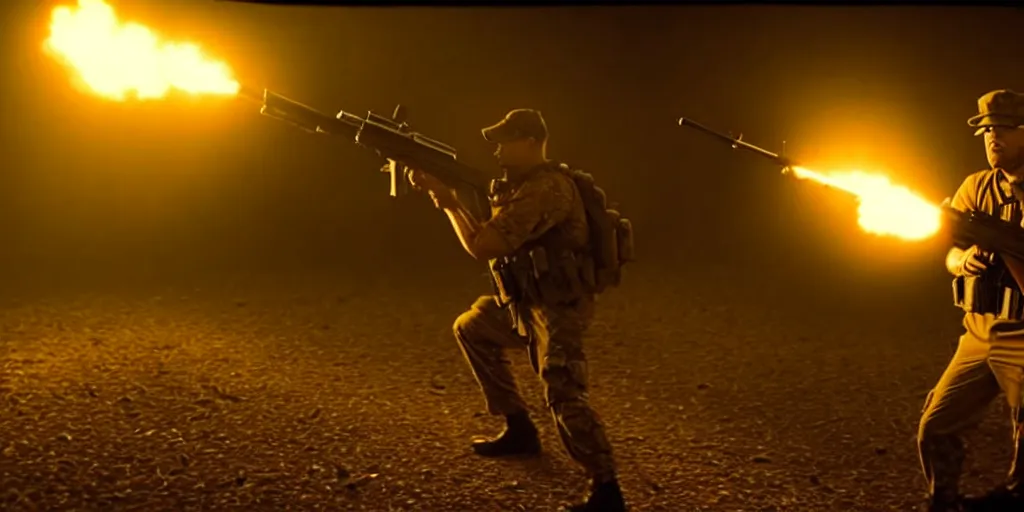 Image similar to high detail movie still of ultra realistic spongebob squarepants shooting an ak - 4 7 machine gun with muzzle flash, cinematic framing rule of thirds, cinematic light, hard shadows, in the style of the movie lone survivor,